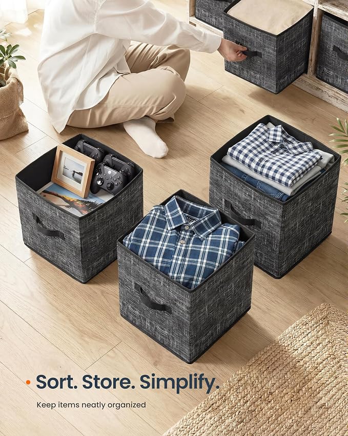 SONGMICS HOME Foldable Storage Cubes Set of 8, Fabric Shelf Organizer Bins with Handles, Closet Storage Boxes for Clothes, 13.2 x 13.2 x 13.2 Inches, Black