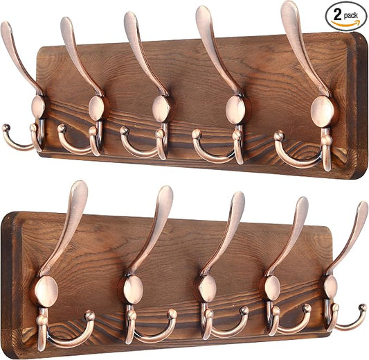 SKOLOO Coat Rack Wall Mounted - Pack of 2, Wooden, Heavy Duty, Rustic Coat Hooks for Wall, Wall Coat Rack with 5 Triple Hooks for Hanging Clothes, Jacket, Hat(Brown & Retro Red)