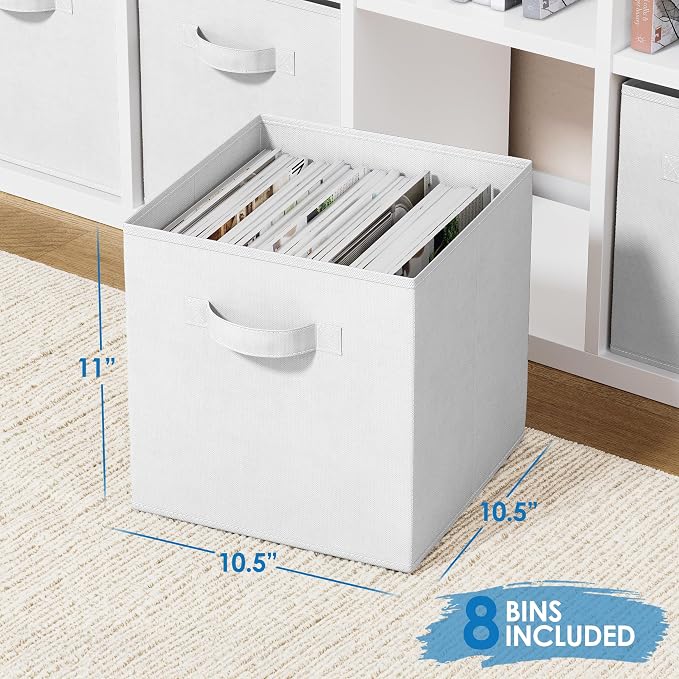 Storage Cubes Pack Of 8 - Standard Size Cube Storage Bin 10.5x10.5x11 With Dual Handles For Easy Carrying- Fabric Storage Bins Collapsible (White)