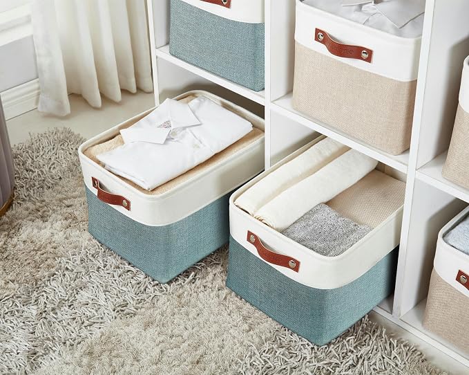 DECOMOMO Storage Bins, Extra Large Fabric Storage Baskets for Shelves 3Pack | 15.8 x 12.5 x 10 inches Decorative Linen Closet Organizers (Green & White)