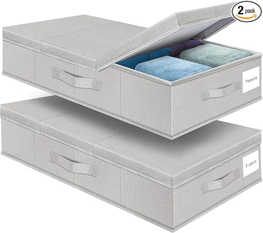 Supowin 2Pack Large Underbed Storage Containers Bin with Lids, Light Gray | 6 Inches Tall Under Bed Storage Organizer Box with Handles, Foldable Closet Organizer for Clothes, Blankets, Seasonal Items