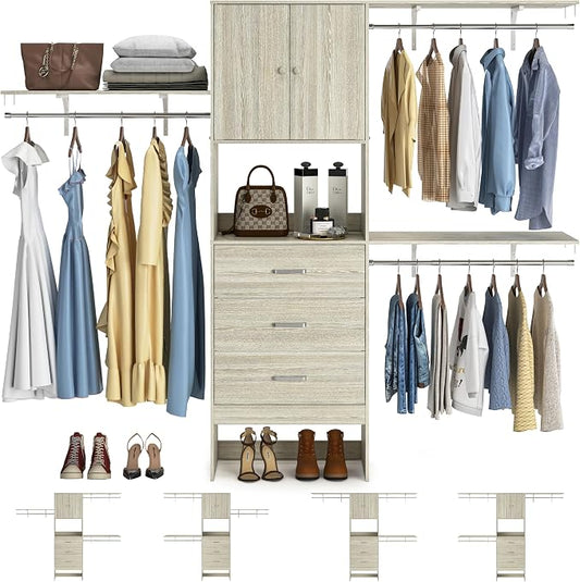 Armocity 96 Inches Closet System with Doors, 8FT Walk In Closet Organizer with 2 Shelving Towers, Heavy Duty Clothes Garment Rack with 3 Wood Drawers, 96"L x 16"W x 80"H, Max Load 1000 LBS, White Oak
