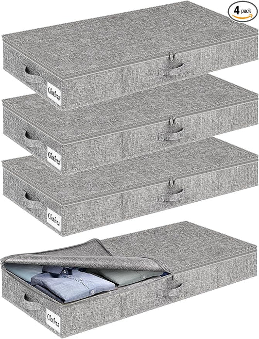 Under Bed Storage Container Bins 4 Pack, 4 Inch Thin Low Profile Underbed Clothes Storage Organizer for Dorm & Home, Use for Blanket and Toy Storage Box W/ Sturdy Bottom/Sides, Foldable Thick Fabric