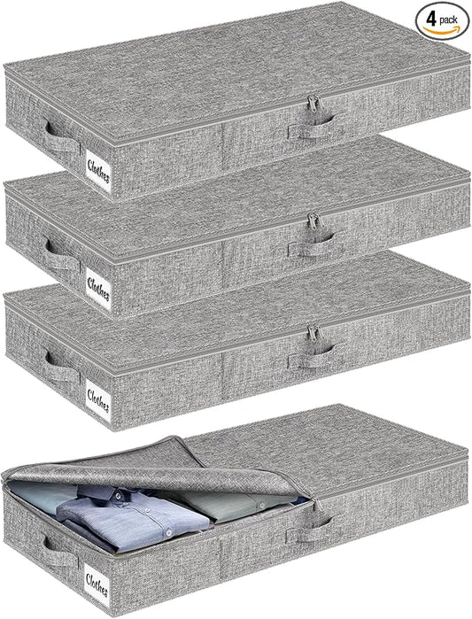 Under Bed Storage Container Bin 4 Pack, 4.5 Inch Slim Low Profile Underbed Clothes Storage Organizer for Dorm & Home, Use for Blanket and Toy Storage Box W/ Sturdy Bottom/Sides, Foldable Thick Fabric