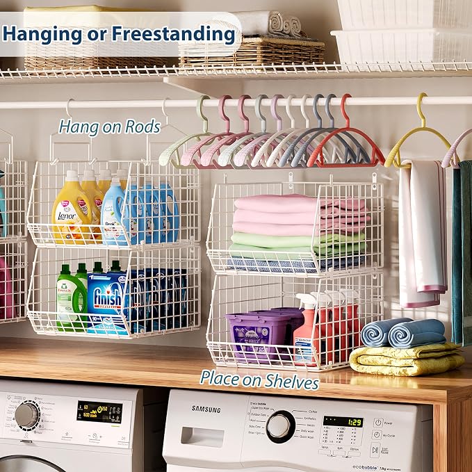 6 Tier Extended Depth Hanging Closet Organizer, Closet Storage Hanging Shelves with Hanging Hooks for Clothes Sweaters Towels Handbags, Stackable Metal Mesh Bins For Closet, Laundry, Bathroom, Dorm