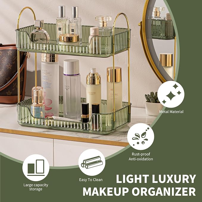 Akinbas 2 Tier Bathroom Organizer Countertop Makeup Perfume Tray Skincare Organizer for Bathroom Dresser Vanity (Green)