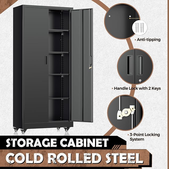 INTERGREAT Metal Storage Cabinet with Wheels, 73" Rolling Storage Cabinets with Door and 4 Shelves, Tall Storage Cabinets Locker on Caster for Home, Office, Black