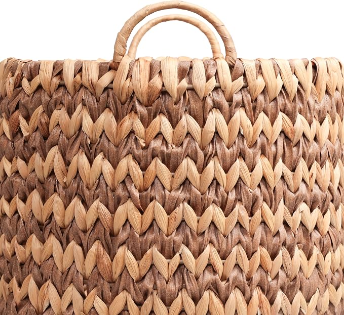 happimess Cassia 3-Piece Handwoven Hyacinth Nesting Baskets, Brown/Natural | Two-Tone Style, Integrated Round Handles, Durable Iron Metal Frame, Coastal Farmhouse Decor, Living Room Storage Containers