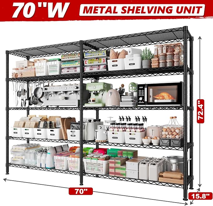 REIBII 70" W Storage Shelves Heavy Duty Load 1600LBS, Metal Shelving 5-Tier Wire Shelving Unit Metal Shelves for Storage Adjustable Shelving Rack for Pantry Kitchen 70" W*15.8" D*72.4" H, 2 Pack