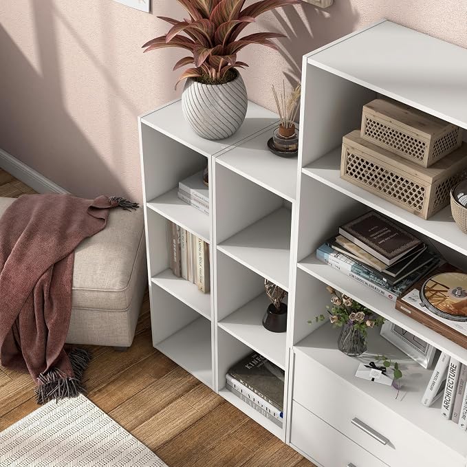Homes: Inside + Out Apexa 3-Cube Storage Organizer Shelves, Stackable Wood Bookcase Fits Cubby Bins for Organization, Dorm Teen Room Decor & Home Office, White