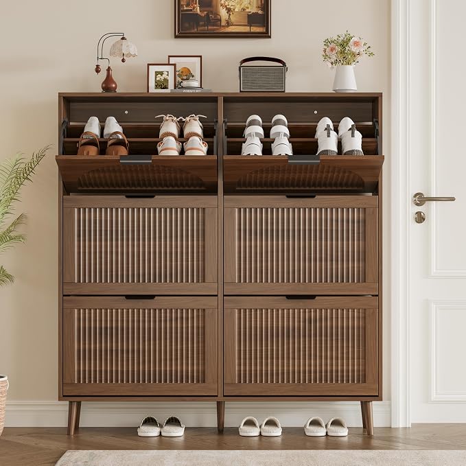 BORNOON Shoe Cabinet for Entryway with 6 Flip Drawers, Slim Wooden Shoe Storage Organizer with Modern Fluted Pannel，Freestanding Narrow Hidden Shoe Rack for Hallway, Foyer, Living Room