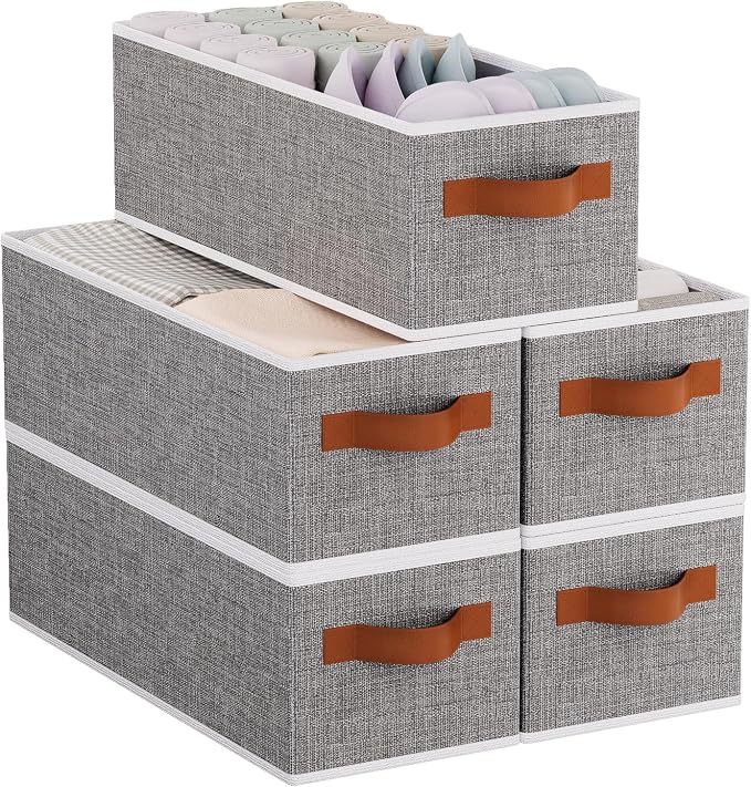 Foldable Long Storage Boxes,15x6x5 In,Gray Fabric Bins,5-Pack | Storage Basket with Double Handles,Damp-Proof PP Panel Organizer Bins,Decorative Linen Bathroom Containers
