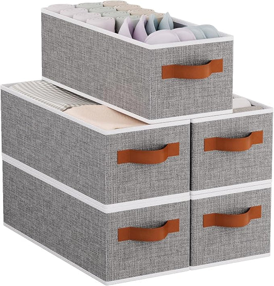 Foldable Long Storage Boxes,15x6x5 In,Gray Fabric Bins,5-Pack | Storage Basket with Double Handles,Damp-Proof PP Panel Organizer Bins,Decorative Linen Bathroom Containers