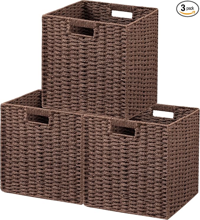 UBBCARE 3 Pack Wicker Basket, 11L×11H×10.5W inch Woven Paper Rope Storage Baskets for Shelves, Foldable Cube Storage bin with Handle, Storage Basket for Organizing & Decor, Brown