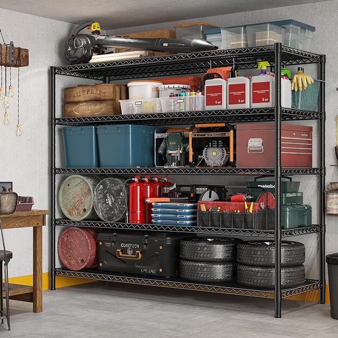 REIBII 85.7"H 5-Tier Garage Shelving with Wheels&Feet, Adjustable, 2998 lbs | 55.5"W x 24.2"D, Rustproof, Lockable wheels, Height-adjustable, Tool-free, For pantry/garage/basement/warehouse/commercial
