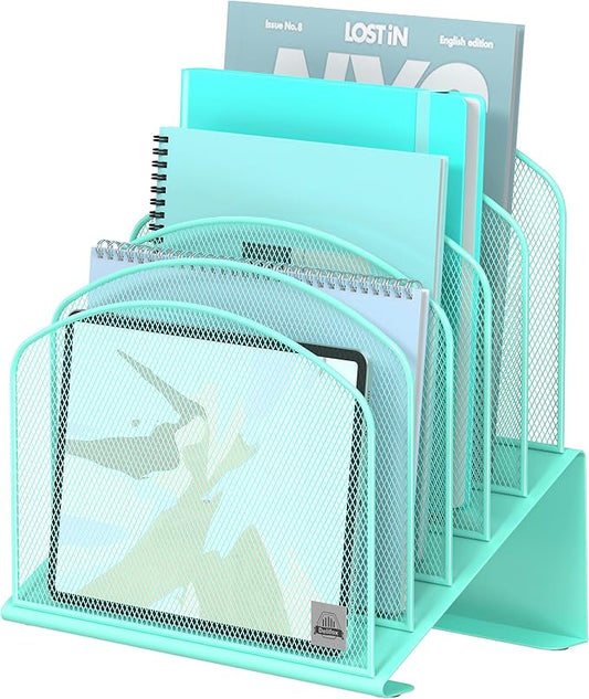 Delifox Inclined Desk File Organizer,Vertical File Folder Holder Stand Metal Rack File Sorter for Office Classroom Desktop Organization (1, Aqua, 5)