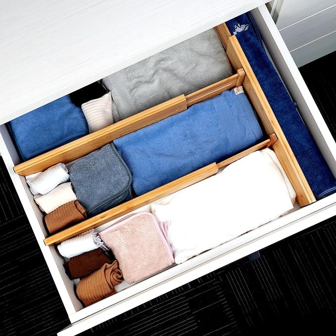 Utoplike Bamboo Drawer Dividers Large, 4" High Kitchen Drawers Organizer | Adjustable, Spring Loaded, Works in Bathroom, Bedroom, Dresser, Office, 4pcs for Clothing, Fit for 18.6"-20.6" Inner Drawer
