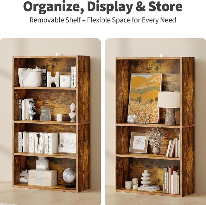 HealSmart 4 Tier Bookcase, Industrial 5 Book Shelf, 9.2" D x 23.8" W x 42" H Tall Open Cube Storage Organizer for Home Office, Living Room, Bedroom and Dinning Room, Brown
