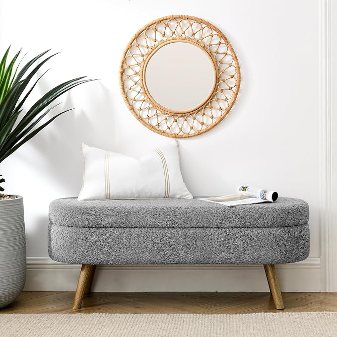 43.5" Ottoman with Storage, Storage Ottoman Bench with Safety Hinge, Foam End of Bed Bench, Upholstered Entryway Bench for Bedroom, Living Room & Window, Holds up to 330 lb, Grey