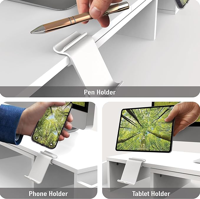 Simple Houseware Desk Dual Monitor Stand Riser with Drawer, White | Customizable Organizer Tray, Built-In Phone & Tablet Slot and Side Storage