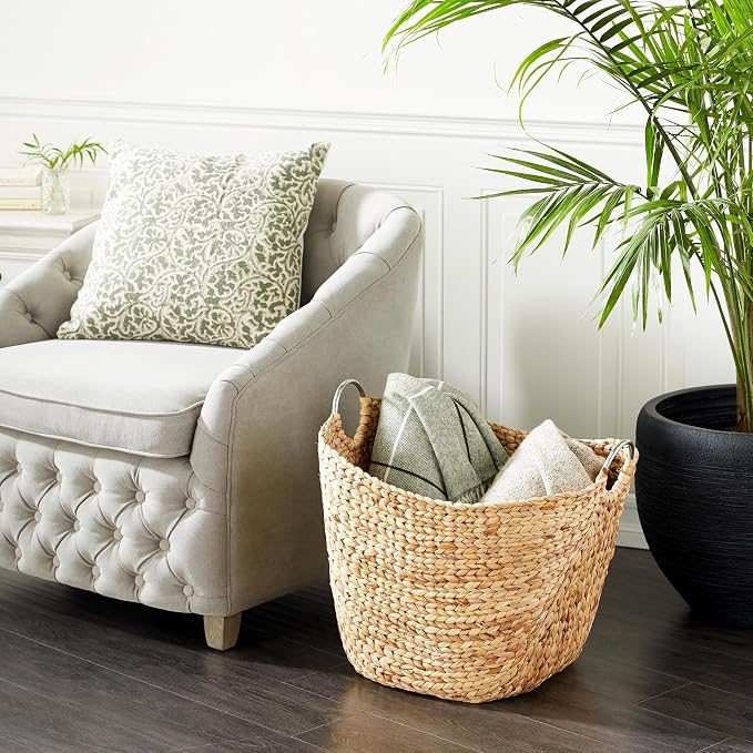 Deco 79 Seagrass Handmade Decorative and Functional Storage Basket Large Woven Basket Organizer with Ring Metal Handles, Basket for Storage 21" x 17" x 19", Brown