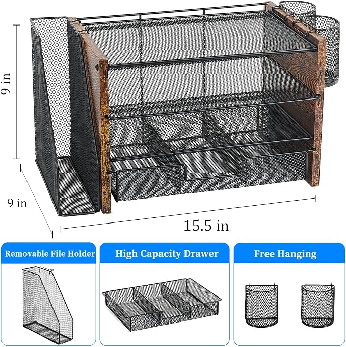 OPNICE Desk Organizer, 4-Tier Desktop File Organizer with Drawer and Pen Holders, Office Desk Accessories, File Sorters, Workspace Organizers for Office Supplies(Brown Wood)