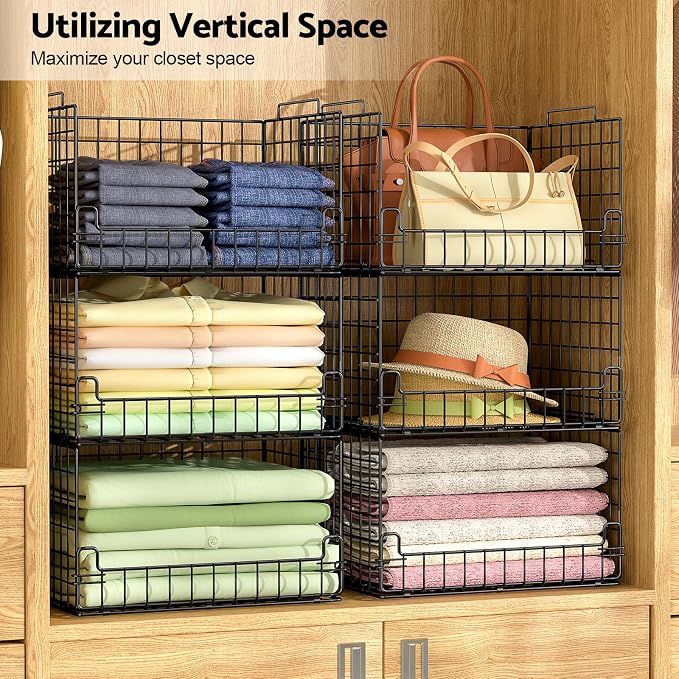 4-Tier Stackable Closet Organizers and Storage Basket - Foldable Closet Shelf Organizer System, Sturdy Metal Space-Saving Clothes Storage Bins for Wardrobe, Black