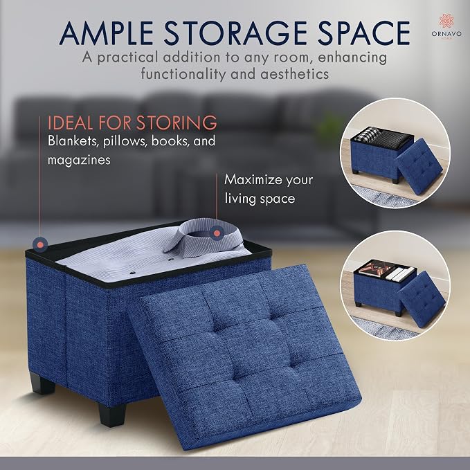 Ornavo Home Small Rectangle Storage Ottoman with Legs, 12x16x12, Navy Blue | Foot Rest Stool Seat; Holds Up to 600 lbs; Ideal for Living Room, Bedroom, Home Office or Dorm