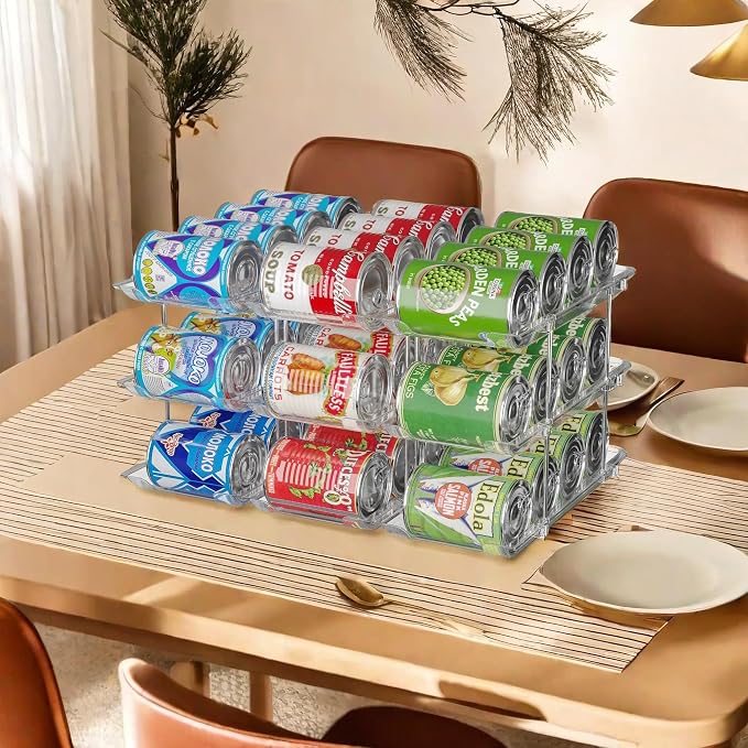 Jsyrjing Can Organizer for Pantry, 3-Tier Stackable Can Dispenser Rack | Automatic Rolling, Modular Flexible Combination, Extra-Thick Clear Material, Cabinet Pantry Fridge Countertop Storage
