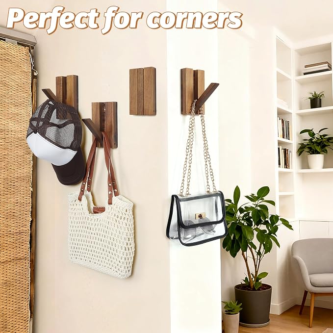 Wood Wall Hooks for Bathroom: 4Pack Foldable Rustic Decor Hangers | Heavy Duty Coat Hooks for Hanging Towels Backpack Jacket - Space Saving Minimalist Design for Aesthetic Homeowners