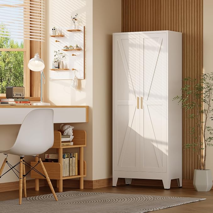 71" H Tall Kitchen Pantry Cabinet,Metal Food Storage Cabinets, White Kitchen Cabinet with Doors and Shelves, Large Freestanding Cabinets with Storage for Dining Room, Living Room
