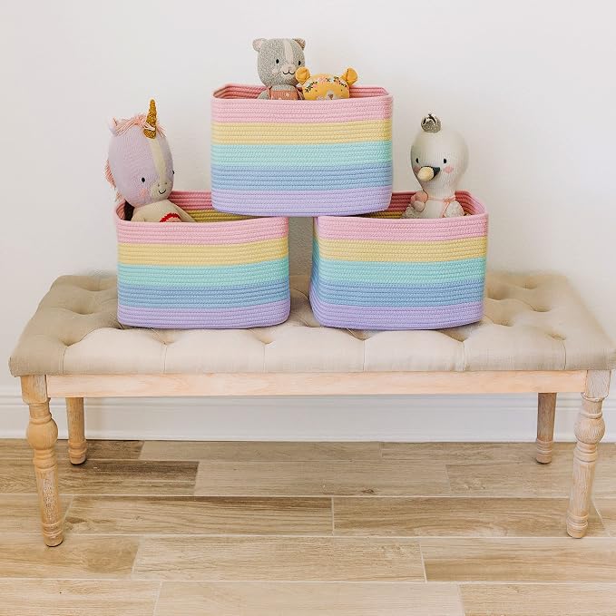 OrganiHaus Rainbow Baskets for Shelves, Set of 3, 15x9x10 | Colorful, handwoven cotton rope; a toy bin for playroom, classroom, or girls' room decor; great for nursery too