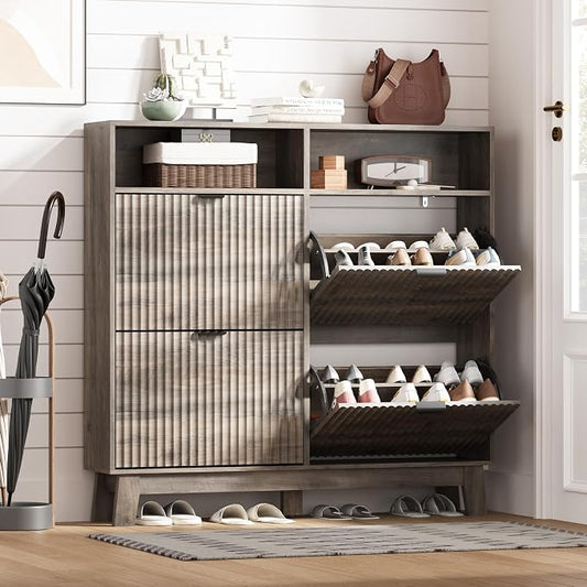 Shoe Cabinet Storage for Entryway with 4 Flip Drawers, Fluted Narrow Shoe Organizer with Wooden Legs & Top Cubby, Freestanding Slim Shoe Storage Hidden Shoe Rack for Front Door Entrance, Grey