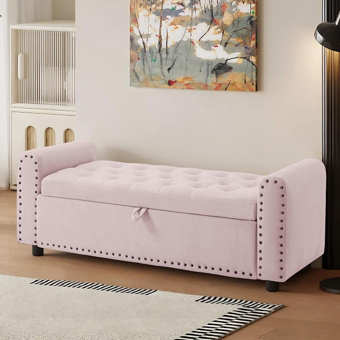 48" Ottoman with Storage, Tufted Storage Ottoman Bench, Convenient Living Room Fabrics Bench Seat, Entryway Shoe Benches with Inner Zipper & Arm, Upholstered Window Seat Ottomans with Rivets,Pink