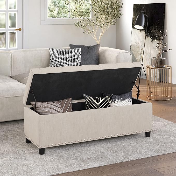 BELLEZE Storage Ottoman, Tufted Ottoman with Close Hinge, Foot Rest for Living Room (Beige, 47 inch)