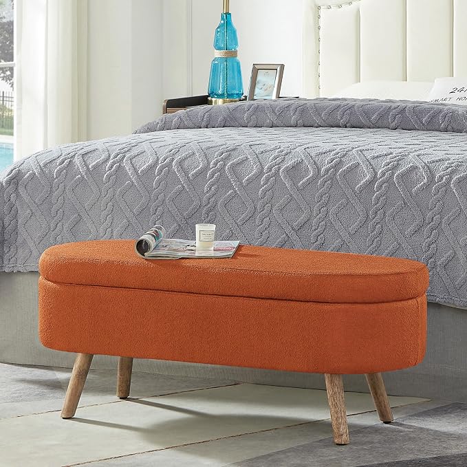 42.25" Ottoman with Storage, Storage Ottoman Bench with Safety Hinge, Boucle End of Bed Bench, Upholstered Entryway Bench for Bedroom, Living Room & Window, Holds up to 330 lb, Orange