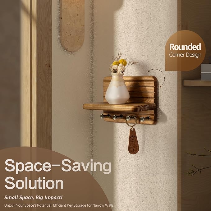 Rebee Vision Small Key Holder Wall Mount with 4 Hooks for Entryway, Yellow | Pine Wood, Round Corner, Key Holder for Wall, Mini Floating Shelf, Plant Display, Space-Saving, Tidy Home Accent