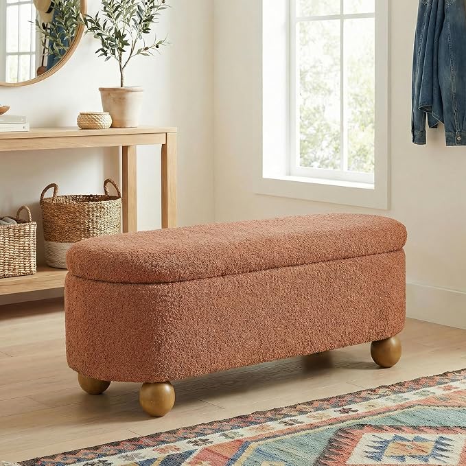 VKNOW 44.8" Storage Ottoman Bench End of Bed Bench with Hinge, Orange | Cute Spherical Solid Wood Stool Legs, Comfortable Fabric, No Assembly, Bedroom Living Room Entryway Dressing Areas