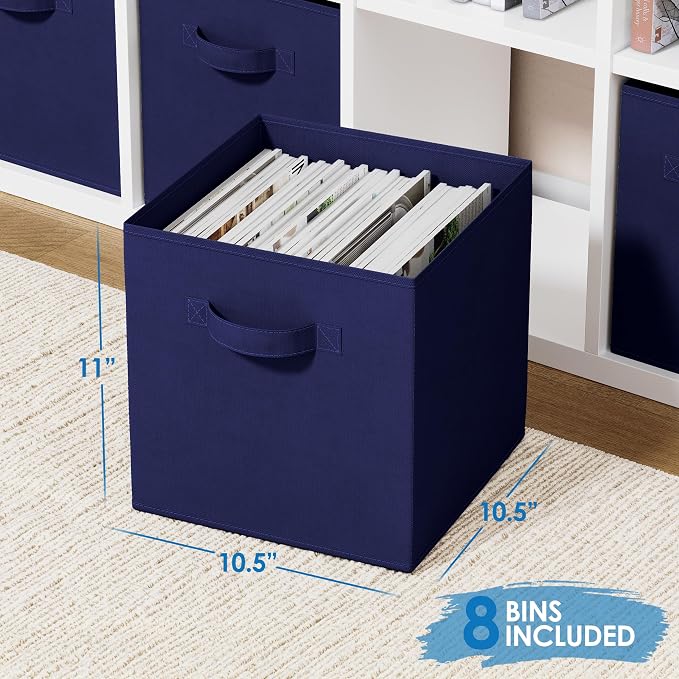 Storage Cubes Pack Of 8 - Standard Size Cube Storage Bin 10.5x10.5x11 With Dual Handles For Easy Carrying- Fabric Storage Bins Collapsible (Navy)