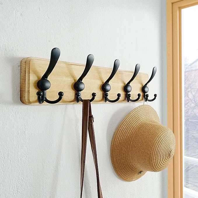 Coat Rack Wall Mount - Heavy-Duty Robust Rustic Wooden Wall Coat Hanger Hook Rail with 5 Triple Hooks for Winter Coats Hat Jacket Clothing, Light Brown & Black, Pack of 2