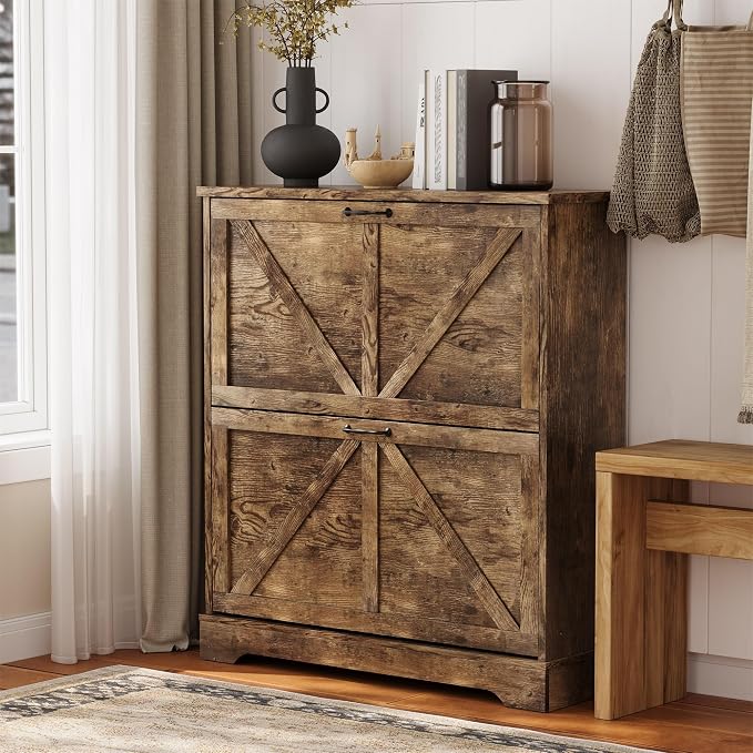Semiocthome Farmhouse Shoe Storage Cabinet with 2 Flip Drawers, 31.5"(W) Freestanding Shoe Organizer with Barn Door and Metal Handles for Entryway, Corner Narrow Shoe Rack Cabinet - Rustic Brown