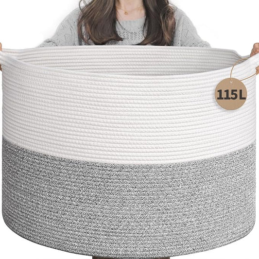 INDRESSME 115L Extra Large Woven Rope Blanket Basket Living Room Light Grey | 23.6" x 15.7" Storage baskets for toys laundry & pillows. Fits living room, bedroom or nursery décor. Soft-touch with handles