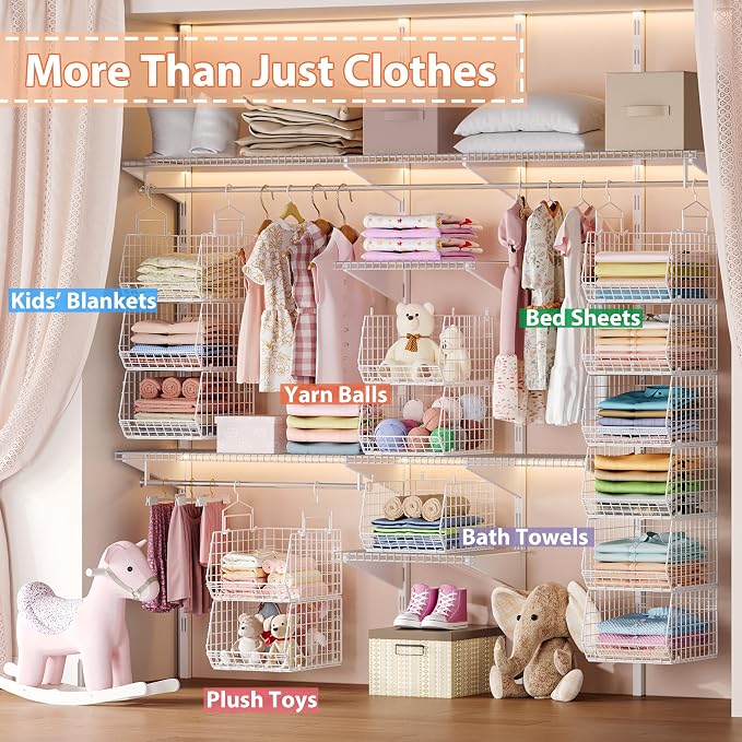 6 Tier Extended Depth Hanging Closet Organizer, Closet Storage Hanging Shelves with Hanging Hooks for Clothes Sweaters Towels Handbags, Stackable Metal Mesh Bins For Closet, Laundry, Bathroom, Dorm