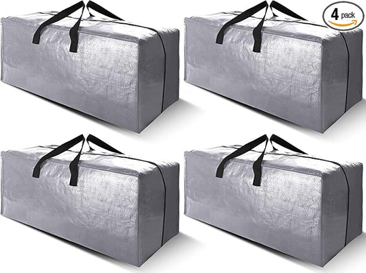 Cosy Family 4 Pack Heavy Duty Extra Large Moving Bags with Backpack Straps - Strong Handles & Zippers, Storage Totes For Space Saving, Fold Flat, Alternative to Moving Box (X-Large-Set of 4, Silver)