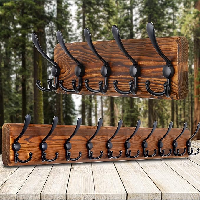 SKOLOO Rustic Coat Rack Wall Mount, 16" Stud Spacing, Solid Wood, Brown | Farmhouse style, 5 Triple Hooks, 100lbs capacity, for backpack jacket coat hat, wall mount, hardware included,rustproof hooks