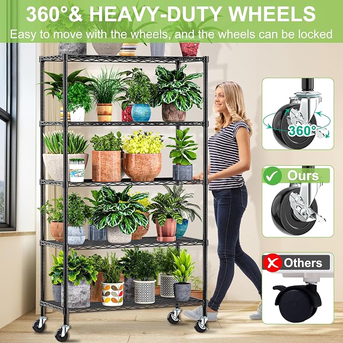 5 Tier Wire Metal Shelving Rack Garage Storage Rolling Shelves with Wheels | Heavy Duty Adjustable Industrial Shelve Steel Sturdy Utility Shelving for Kitchen Garage Pantry Bathroom Laundry