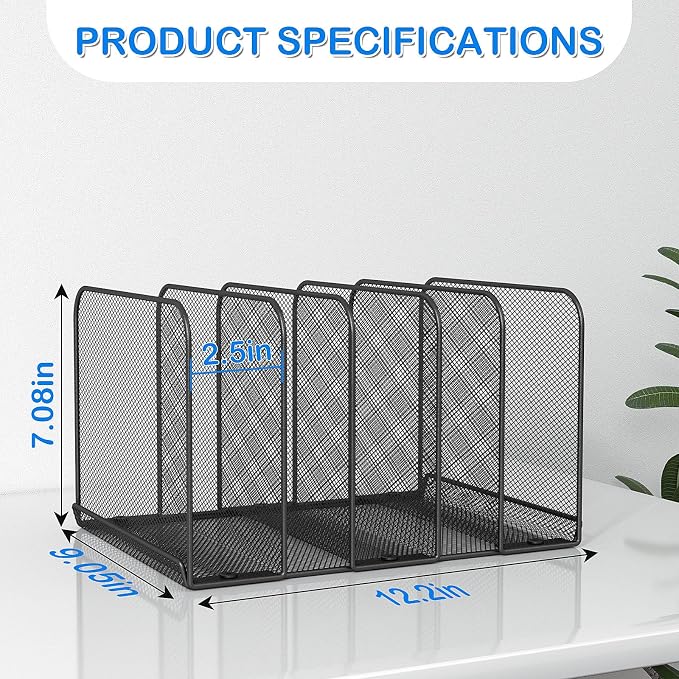 TOPCJ 5 Sections Desk File Holder/Rack/Sorter,Mesh File Organizer,File Folder Organizer,Metal Upright Desktop Organization for Documents,Magazine,Kitchenware,Antiskid,Antirust,Sturdy,2 Packs