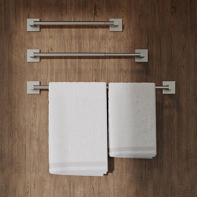 RUACQ Adjustable Towel Bar, Towel Racks for Bathroom Wall Mounted, Nickel | Adjust 13.8 to 24 inch Single Towel Rod, Bath Towel Holder, 304 Stainless Steel, Rustproof, Square Base, Heavy Duty, Modern