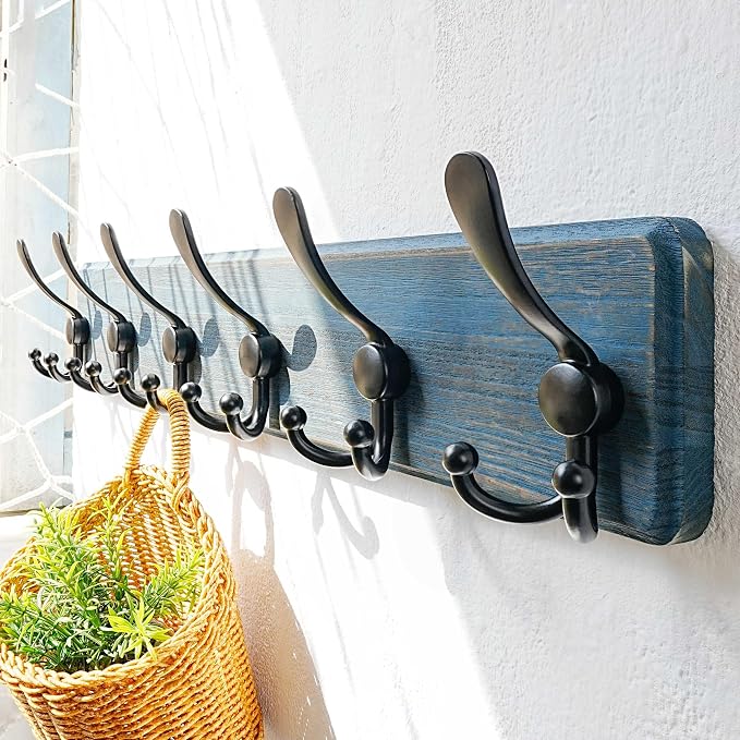 Coat Rack Wall Mounted - 24" Long 6 Tri Hooks, Heavy Duty Wooden Wall Coat Hanger Coat Hook for Clothes Hat Jacket Clothing, Weathered Blue and Black, Pack of 2