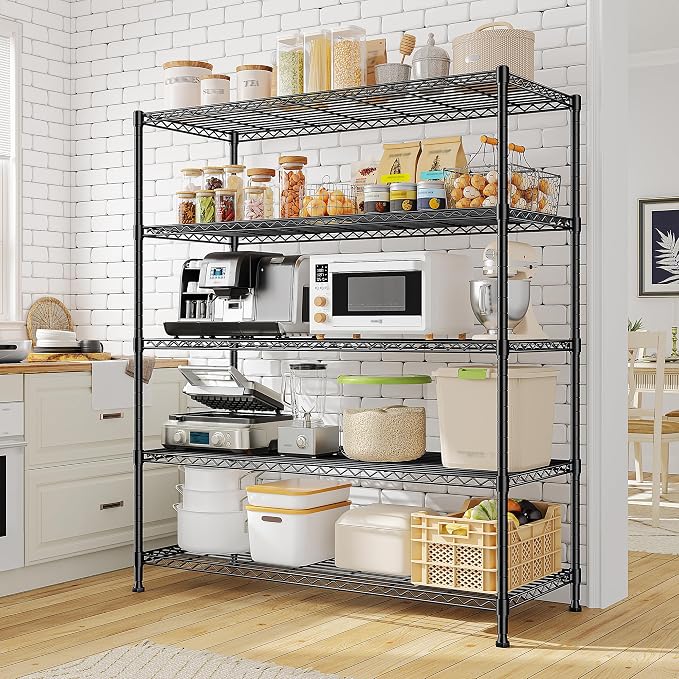 DurayLoly 45"W Heavy Duty 5-Tier 1000LBS Storage Shelves, Adjustable, Black | 13.5"Dx70.5"H, Commercial steel, Rustproof, Leveling feet, Tool-free assembly, For kitchen, pantry, garage, greenhouse